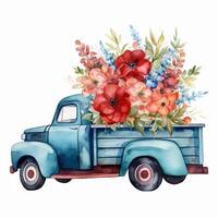 Vintage truck with flowers. Watercolor hand drawn Clipart isolated on white background, . photo