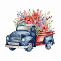 Vintage truck with flowers. Watercolor hand drawn Clipart isolated on white background, . photo