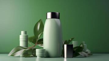 Mockup of cosmetic bottle with green leaves, photo