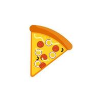 Pizza slice icon vector. Pizza slice with melted cheese. Slice of pepperoni pizza. Vector clip art illustration with simple gradients. Cartoon sticker in comic style with contour.