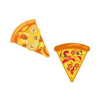 Pizza slice icon vector. Pizza slice with melted cheese. Slice of pepperoni pizza. Vector clip art illustration with simple gradients. Cartoon sticker in comic style with contour.