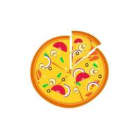 Pizza slice icon vector. Pizza slice with melted cheese. Slice of pepperoni pizza. Vector clip art illustration with simple gradients. Cartoon sticker in comic style with contour.