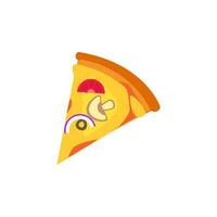 Pizza slice icon vector. Pizza slice with melted cheese. Slice of pepperoni pizza. Vector clip art illustration with simple gradients. Cartoon sticker in comic style with contour.