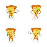 Funny happy pizza show peace gesture logo. Vector doodle line cartoon kawaii character illustration icon. Pizza quote logo concept. Fast food Vector cartoon illustration, Comic characters