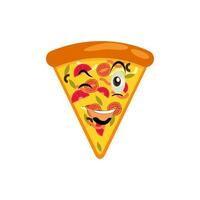 Funny happy pizza show peace gesture logo. Vector doodle line cartoon kawaii character illustration icon. Pizza quote logo concept. Fast food Vector cartoon illustration, Comic characters