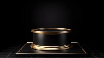 Black product podium with gold elements on a black background, photo