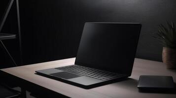 Black Laptop on desk in office, Black Screen Laptop mockup, photo