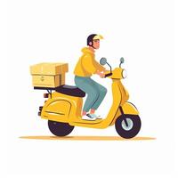 Delivery man on yellow scooter with box white isolated background, photo