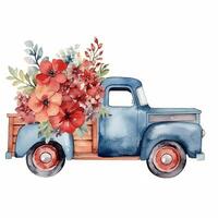 Vintage truck with flowers. Watercolor hand drawn Clipart isolated on white background, . photo