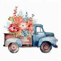 Vintage truck with flowers. Watercolor hand drawn Clipart isolated on white background, . photo