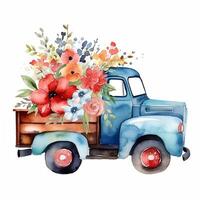 Vintage truck with flowers. Watercolor hand drawn Clipart isolated on white background, . photo