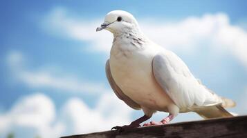 Pigeon sitting on a branch with blue sky and clouds background. International Peace Day Concept, photo