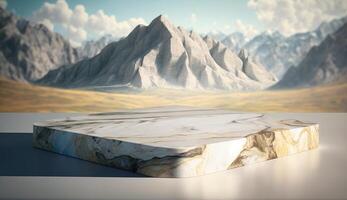 marble stone podium in the desert with mountains in the background, photo