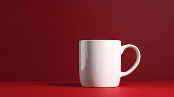 White coffee cup mockup on a red background, photo
