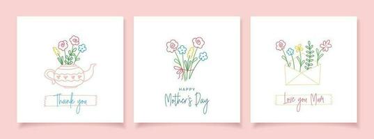 Happy Mother's Day. Set of greeting cards with colorful cute flowers on white background. Line art. Stylized lineart flat vector illustration.