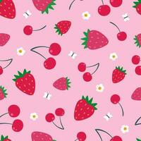 Cute seamless pattern of sweet strawberries and cherries. Strawberry background for fabrics, decorative paper. Textile print for a small child. Summer vector background.