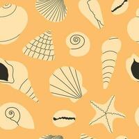 Seamless vector pattern with seashells and starfishes. Hand draw various seashells on a tropical beach. Monochrome pattern. Summer marine animal background design. Vacation travel concept.