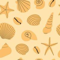 Seamless vector pattern with seashells and starfishes. Hand draw various seashells on a tropical beach. Monochrome pattern. Summer marine animal background design. Vacation travel concept.