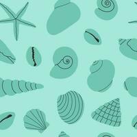 Seamless vector pattern with seashells and starfishes. Hand draw various seashells on a tropical beach. Monochrome pattern. Summer marine animal background design. Vacation travel concept.