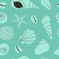 Seamless vector pattern with seashells and starfishes. Hand draw various seashells on a tropical beach. Monochrome pattern. Summer marine animal background design. Vacation travel concept.