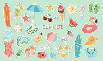 Set of summer stickers. Icons for tropical vacation. Seasonal elements collection. Flamingos, ice cream, pineapple, tropic leaves, cocktails, plumeria, watermelon, beach accessories. vector