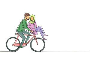 Single one line drawing romantic Arab couple on date riding bicycle. Young man and woman in love. Happy married couple cycling together. Modern continuous line draw design graphic vector illustration