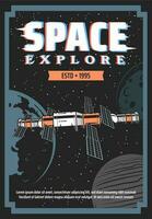 Space exploration station and planets retro poster vector