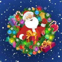 Santa with Xmas bell, gift box, Christmas wreath vector