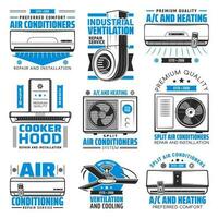 Air conditioning, heating and cooking hood icons vector