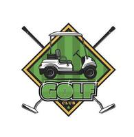 Golf club icon cart on green field, crossed clubs vector