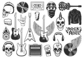 Rock music symbols, musical instruments icons set vector