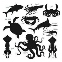 Sea fish, animal and shellfish black silhouettes vector