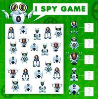 I spy riddle game, cartoon robots kids vector task