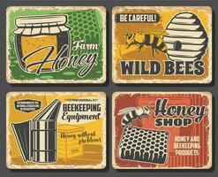 Honey and bee posters, beekeeping farm food vector