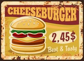 Cheeseburger rusty plate, fast food menu vector