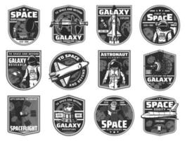 Outer space exploration, galaxy adventure icons vector