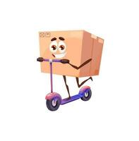 Cartoon package character on scooter, delivery box vector