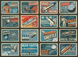 Astronauts, space shuttles and galaxy retro plates vector