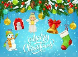 Christmas gift, snowman, bell hanging on Xmas tree vector