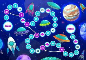 Kids boardgame with spaceships and planets, riddle vector