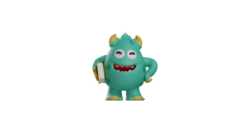 3D illustration. Smart Monster 3D Cartoon Character. Monster stood up and carried a thick yellow book. Monsters smile cheerfully. Monster looks excited and happy. 3d cartoon character png