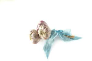 natural heads of garlic isolated on a white background tied with a blue ribbon photo