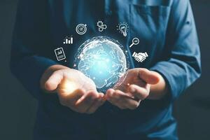 Business global internet connection application technology and digital marketing, Financial and banking, Digital link tech, big data. digital marketing media in virtual icon. photo