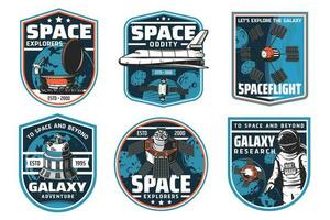 Space exploration, spaceship and astronaut icons vector