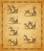 Sunken sailing ships sketch, vintage map elements vector