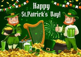 patricks día irlandesa duende con cerveza y oro vector