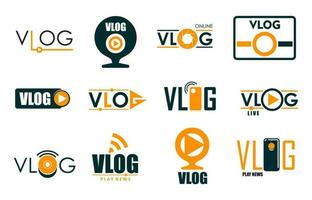 Vlog icons, TV broadcast live stream online video vector