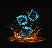 Realistic ice cubes in whiskey corona splash vector