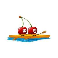 Cartoon cherry twins on kayak, funny vector berry