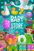 Kid toys shop. Baby games store bear, doll vector